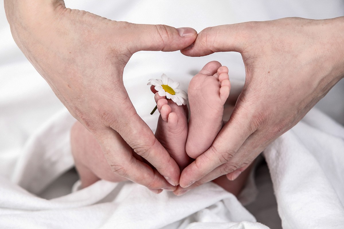 Das Baby ist von einer weißen Decke verdeckt, lediglich seine Füßchen sind in der Bildmitte zu erkennen. Eine Gänseblume steckt zwischen seinen Zehen. Um die Kinderfüße bilden zwei Erwachsenenhände ein Herz.