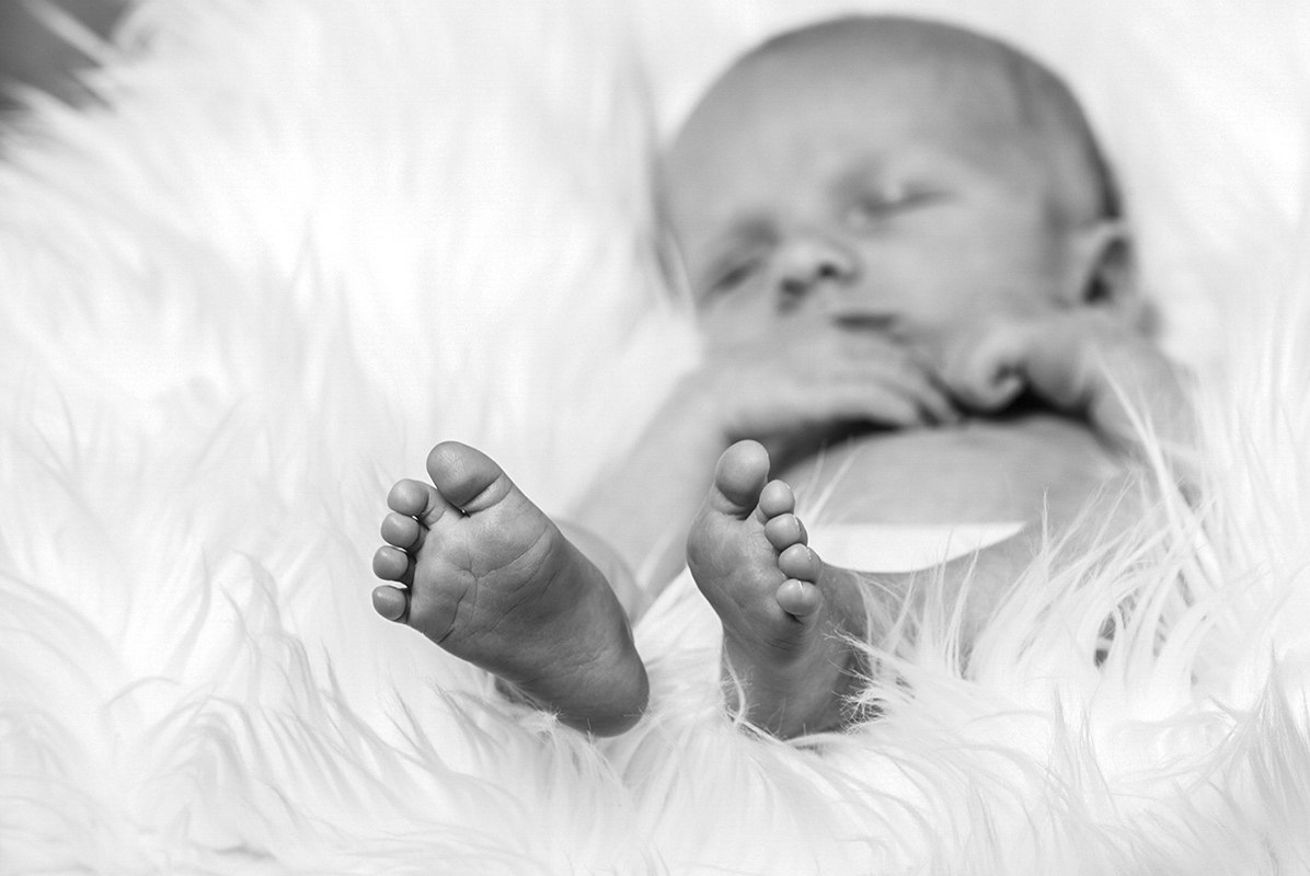 Das Bild ist schwarzweiß: ein zartes Baby versinkt in dem Fell, auf dem es rücklings liegt.  Seine Fußsohlen, die dem Bildbetrachter zugewandt sind, sind das einzig scharfe des Bildes. Alles andere verliert sich in der Unschärfe.